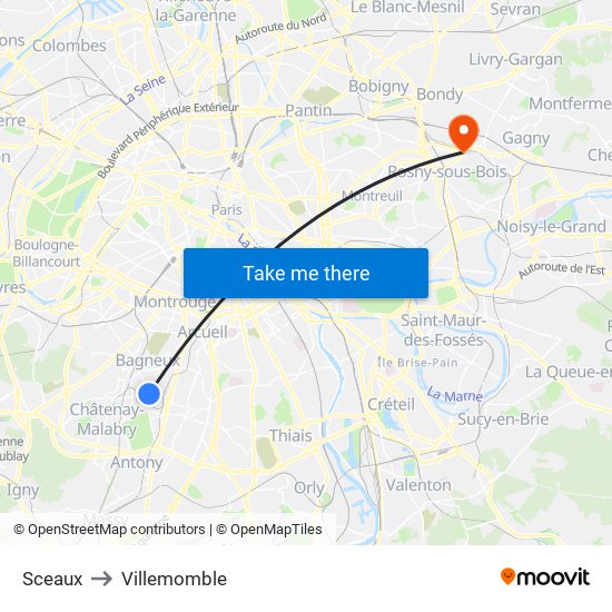 Sceaux to Villemomble map