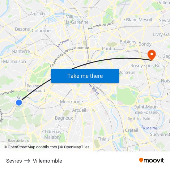 Sevres to Villemomble map