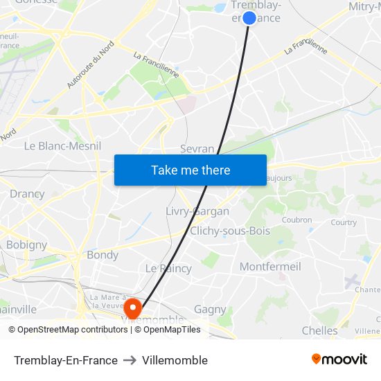 Tremblay-En-France to Villemomble map
