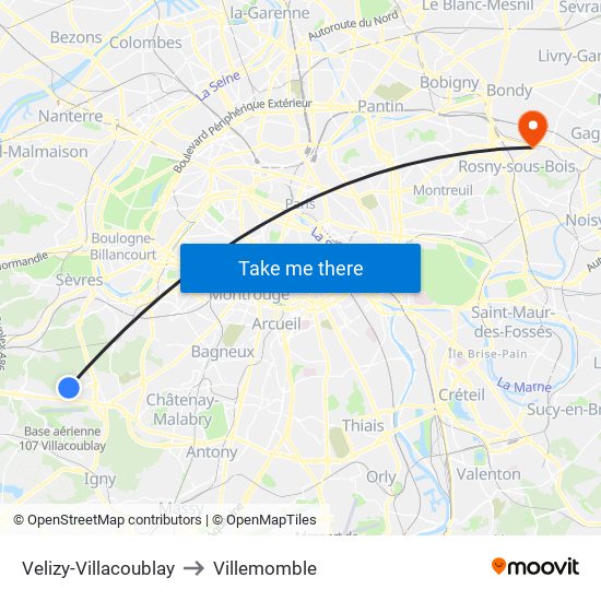 Velizy-Villacoublay to Villemomble map