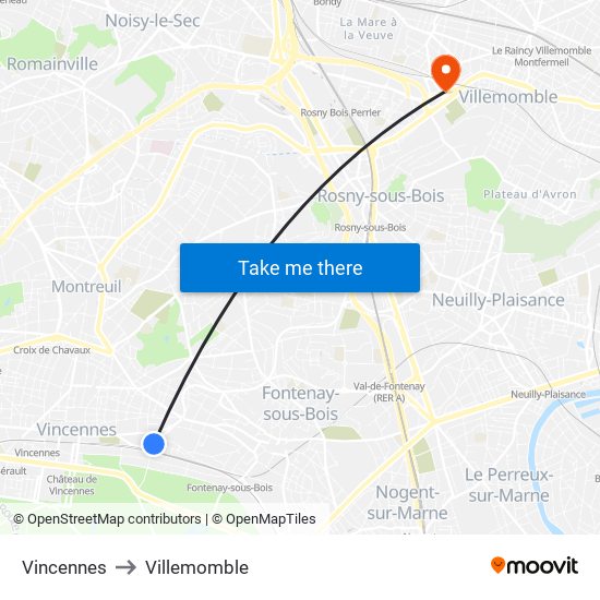 Vincennes to Villemomble map