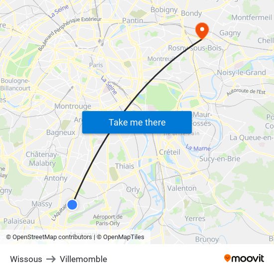 Wissous to Villemomble map