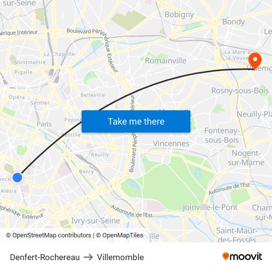 Denfert-Rochereau to Villemomble map