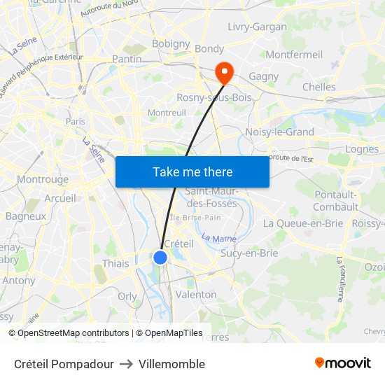 Créteil Pompadour to Villemomble map