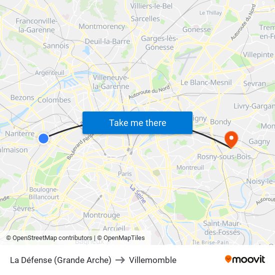 La Défense (Grande Arche) to Villemomble map