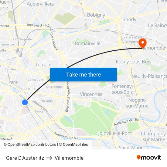 Gare D'Austerlitz to Villemomble map