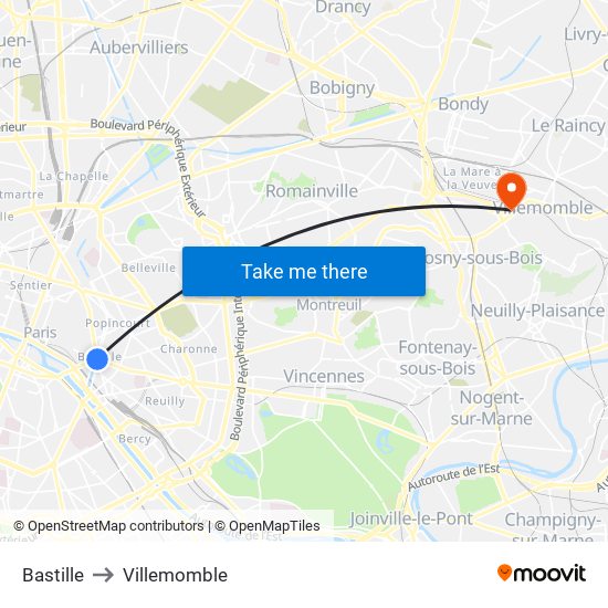 Bastille to Villemomble map