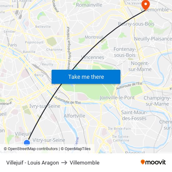 Villejuif - Louis Aragon to Villemomble map