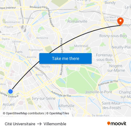 Cité Universitaire to Villemomble map