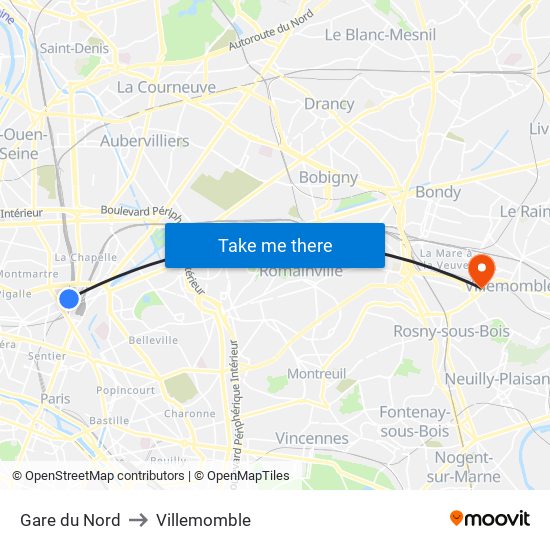 Gare du Nord to Villemomble map