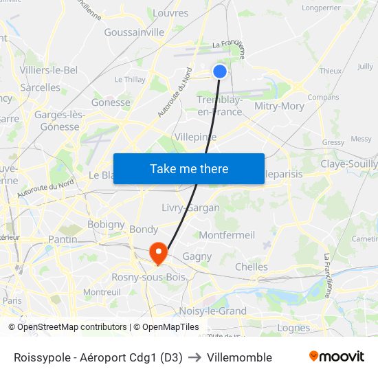 Roissypole - Aéroport Cdg1 (D3) to Villemomble map