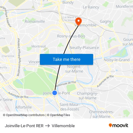 Joinville-Le-Pont RER to Villemomble map