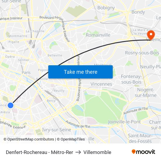 Denfert-Rochereau - Métro-Rer to Villemomble map