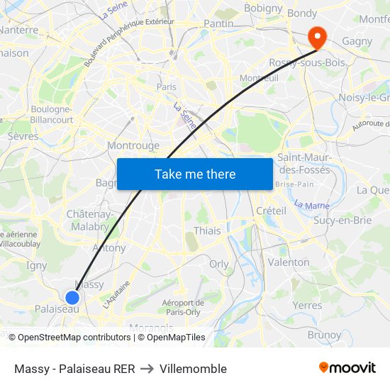 Massy - Palaiseau RER to Villemomble map