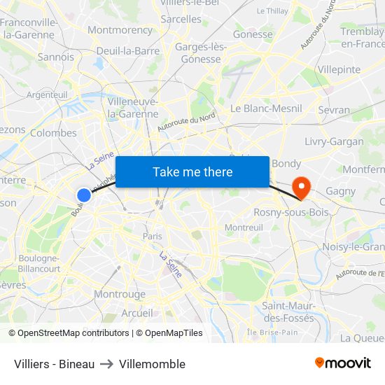 Villiers - Bineau to Villemomble map