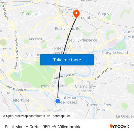 Saint-Maur – Créteil RER to Villemomble map