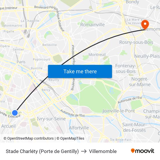 Stade Charléty (Porte de Gentilly) to Villemomble map