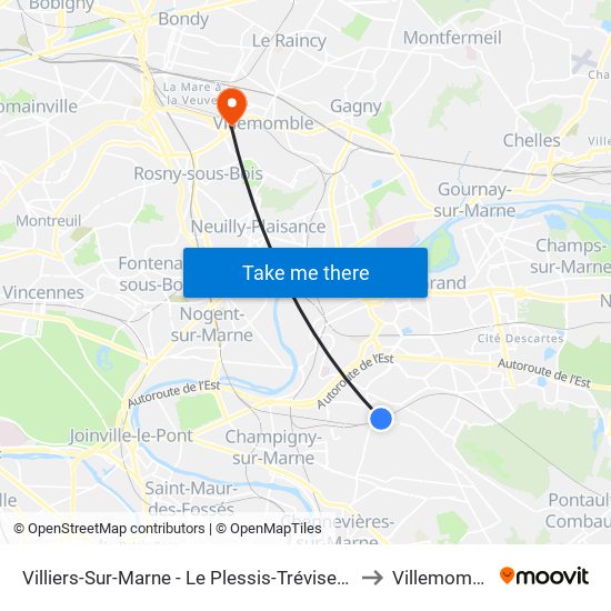 Villiers-Sur-Marne - Le Plessis-Trévise RER to Villemomble map