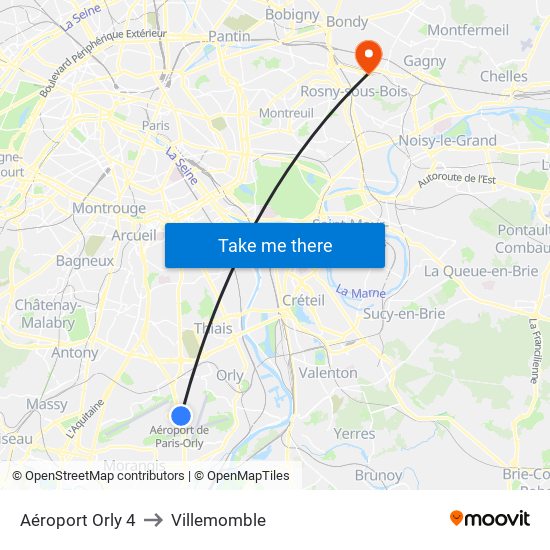 Aéroport Orly 4 to Villemomble map