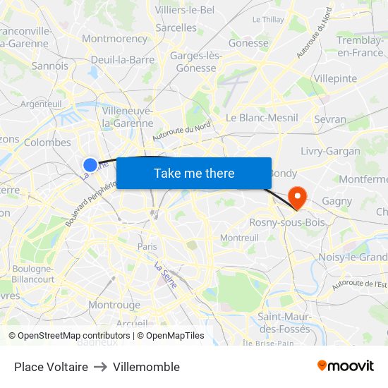 Place Voltaire to Villemomble map
