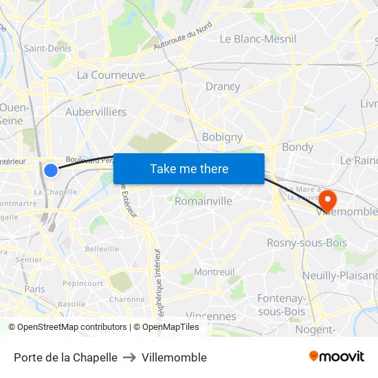 Porte de la Chapelle to Villemomble map