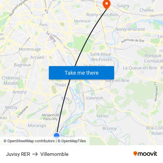 Juvisy RER to Villemomble map