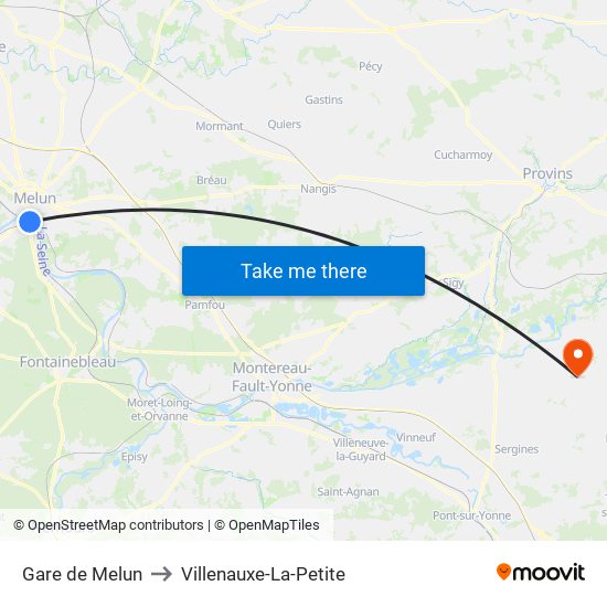 Gare de Melun to Villenauxe-La-Petite map