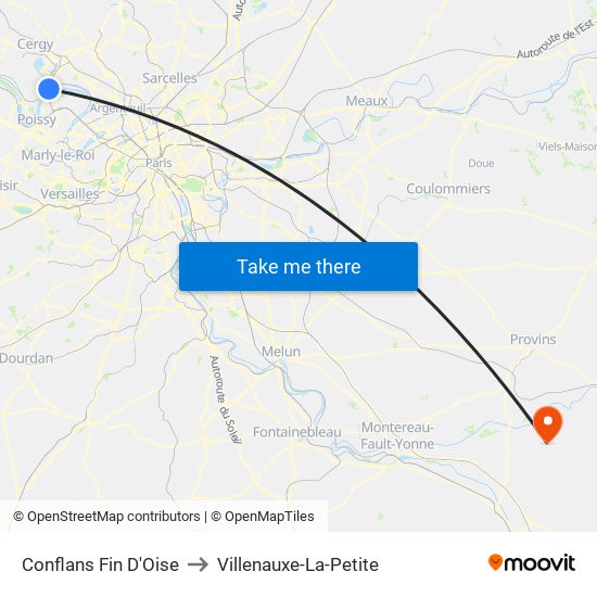 Conflans Fin D'Oise to Villenauxe-La-Petite map