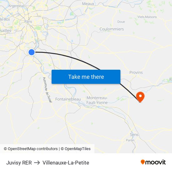 Juvisy RER to Villenauxe-La-Petite map