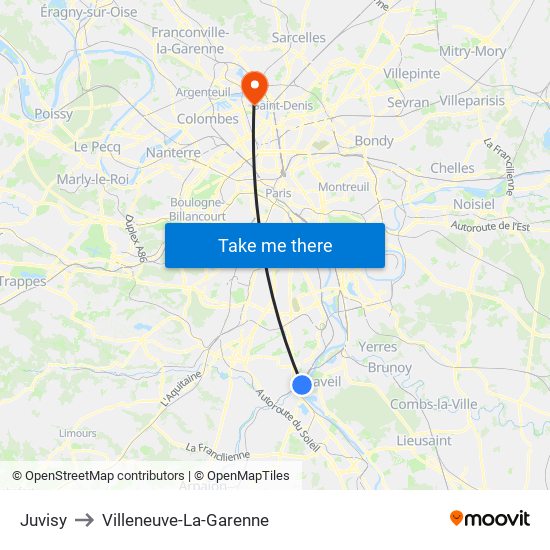 Juvisy to Villeneuve-La-Garenne map