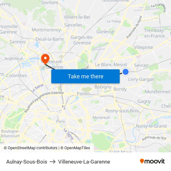 Aulnay-Sous-Bois to Villeneuve-La-Garenne map