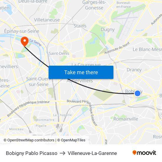 Bobigny Pablo Picasso to Villeneuve-La-Garenne map