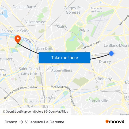 Drancy to Villeneuve-La-Garenne map