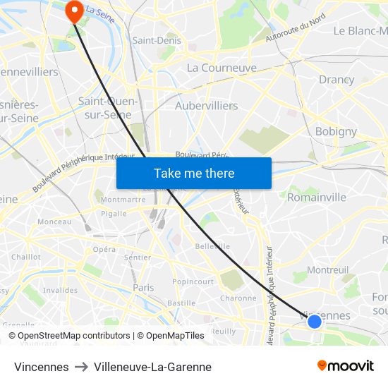 Vincennes to Villeneuve-La-Garenne map