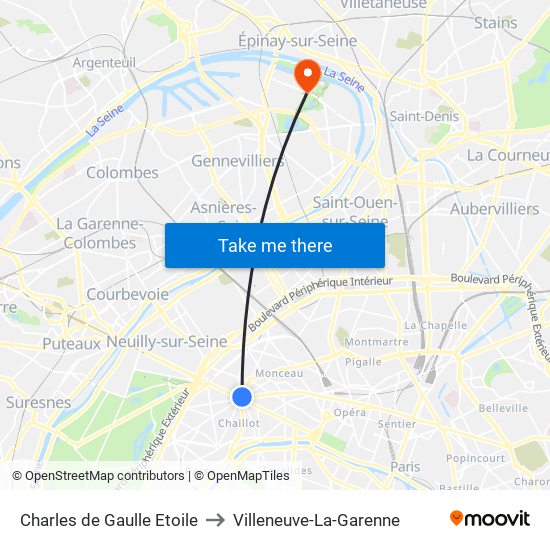 Charles de Gaulle Etoile to Villeneuve-La-Garenne map