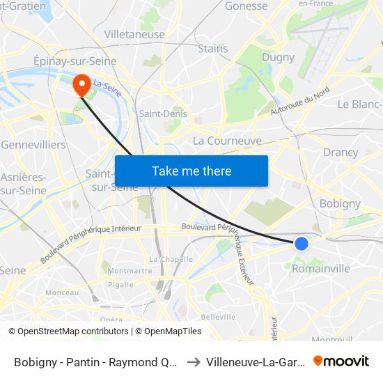 Bobigny - Pantin - Raymond Queneau to Villeneuve-La-Garenne map