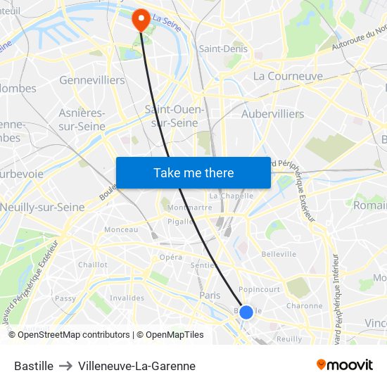 Bastille to Villeneuve-La-Garenne map