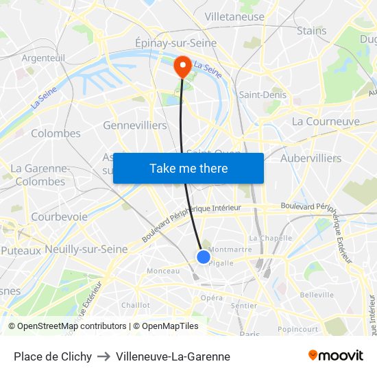 Place de Clichy to Villeneuve-La-Garenne map