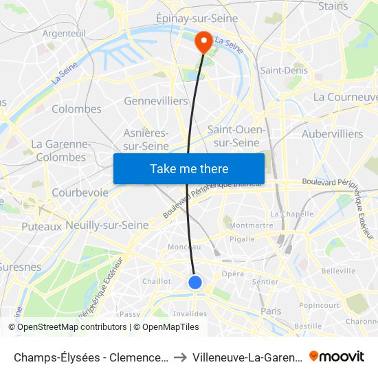 Champs-Élysées - Clemenceau to Villeneuve-La-Garenne map