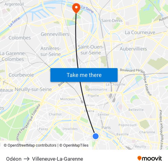 Odéon to Villeneuve-La-Garenne map