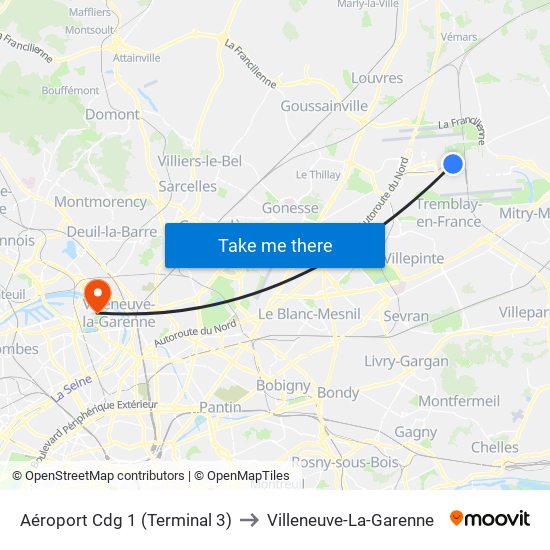 Aéroport Cdg 1 (Terminal 3) to Villeneuve-La-Garenne map