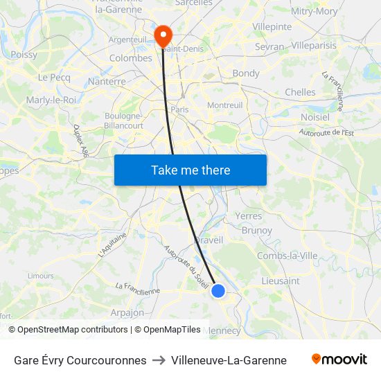 Gare Évry Courcouronnes to Villeneuve-La-Garenne map