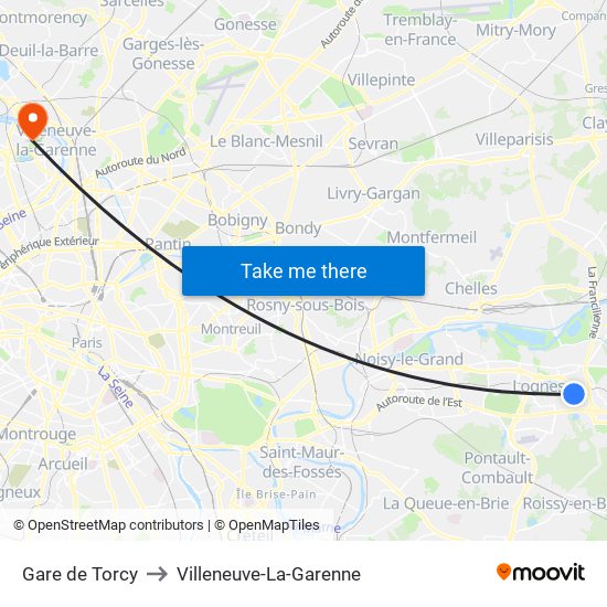 Gare de Torcy to Villeneuve-La-Garenne map