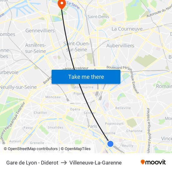 Gare de Lyon - Diderot to Villeneuve-La-Garenne map