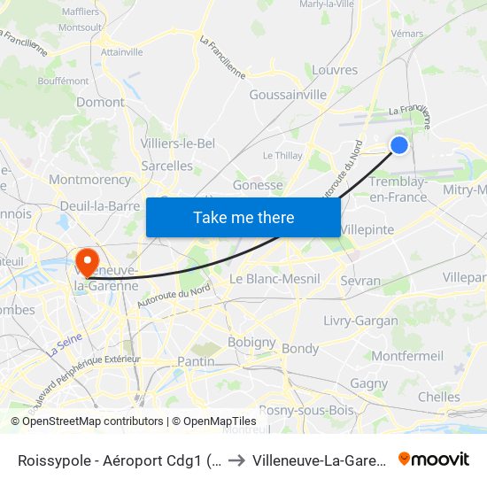 Roissypole - Aéroport Cdg1 (E2) to Villeneuve-La-Garenne map