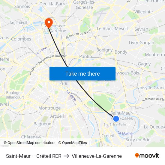 Saint-Maur – Créteil RER to Villeneuve-La-Garenne map