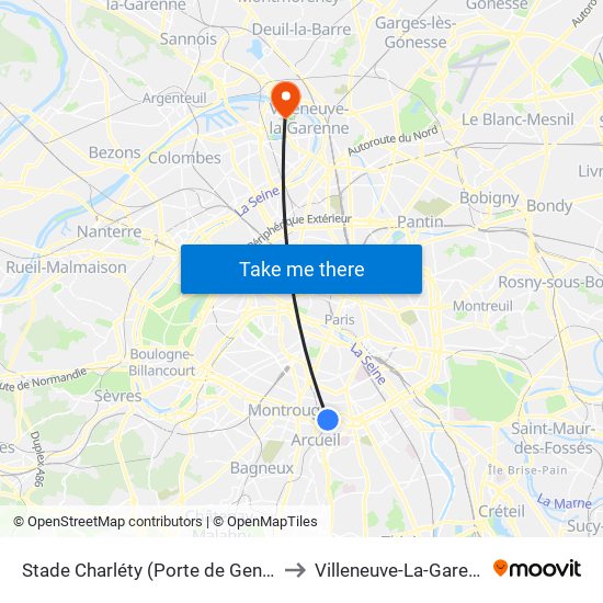 Stade Charléty (Porte de Gentilly) to Villeneuve-La-Garenne map