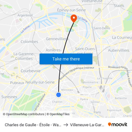 Charles de Gaulle - Étoile - Wagram to Villeneuve-La-Garenne map