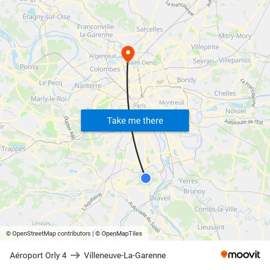 Aéroport Orly 4 to Villeneuve-La-Garenne map