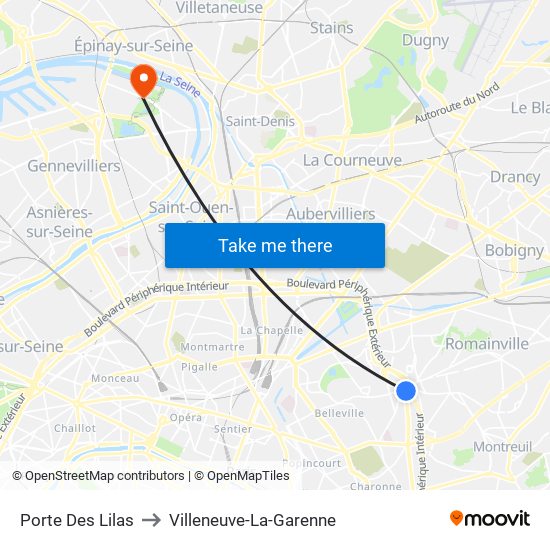 Porte Des Lilas to Villeneuve-La-Garenne map